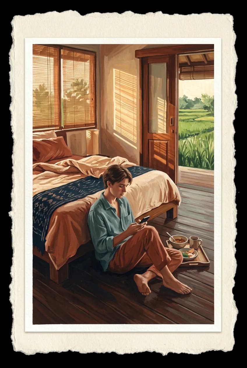 A person alone in a beautiful Bali villa scrolling their phone in golden hour light