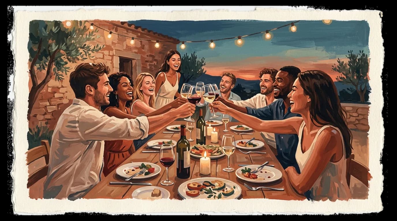 Painterly wide sunset table with a diverse crew clinking glasses